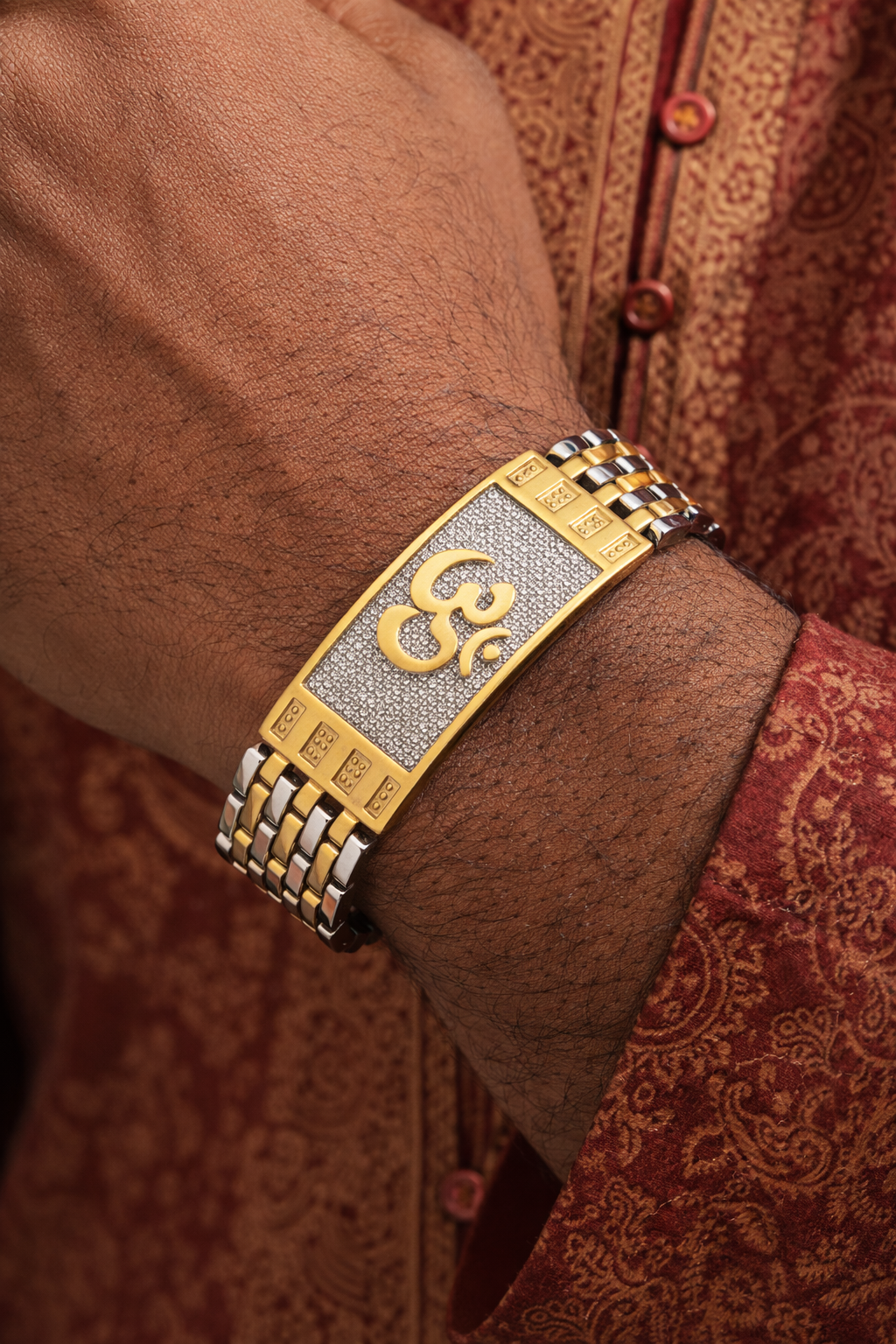 Dharmsetu™ Divine Om Bracelet – 24K Gold Plated Center & Genuine 925 Silver | Luxury Spiritual Kada for Men