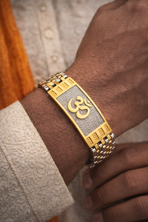 Dharmsetu™ Divine Om Bracelet – 24K Gold Plated Center & Genuine 925 Silver | Luxury Spiritual Kada for Men