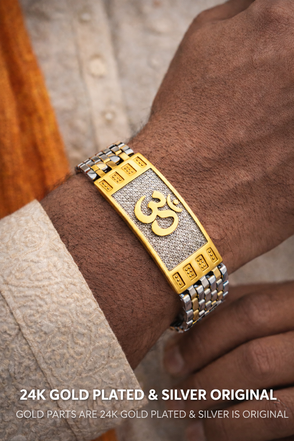 Dharmsetu™ Divine Om Bracelet – 24K Gold Plated Center & Genuine 925 Silver | Luxury Spiritual Kada for Men