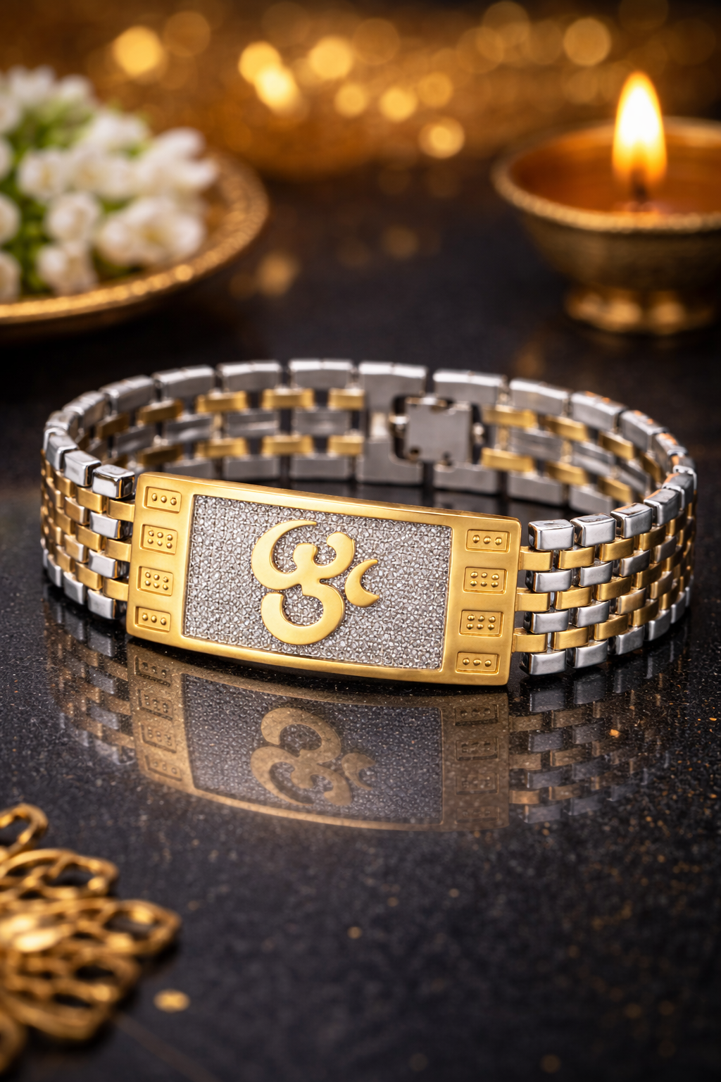 Dharmsetu™ Divine Om Bracelet – 24K Gold Plated Center & Genuine 925 Silver | Luxury Spiritual Kada for Men